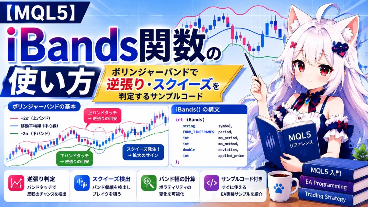 【MQL5】iBands関数の使い方｜ボリンジャーバンドで逆張り・スクイーズを判定するサンプルコード